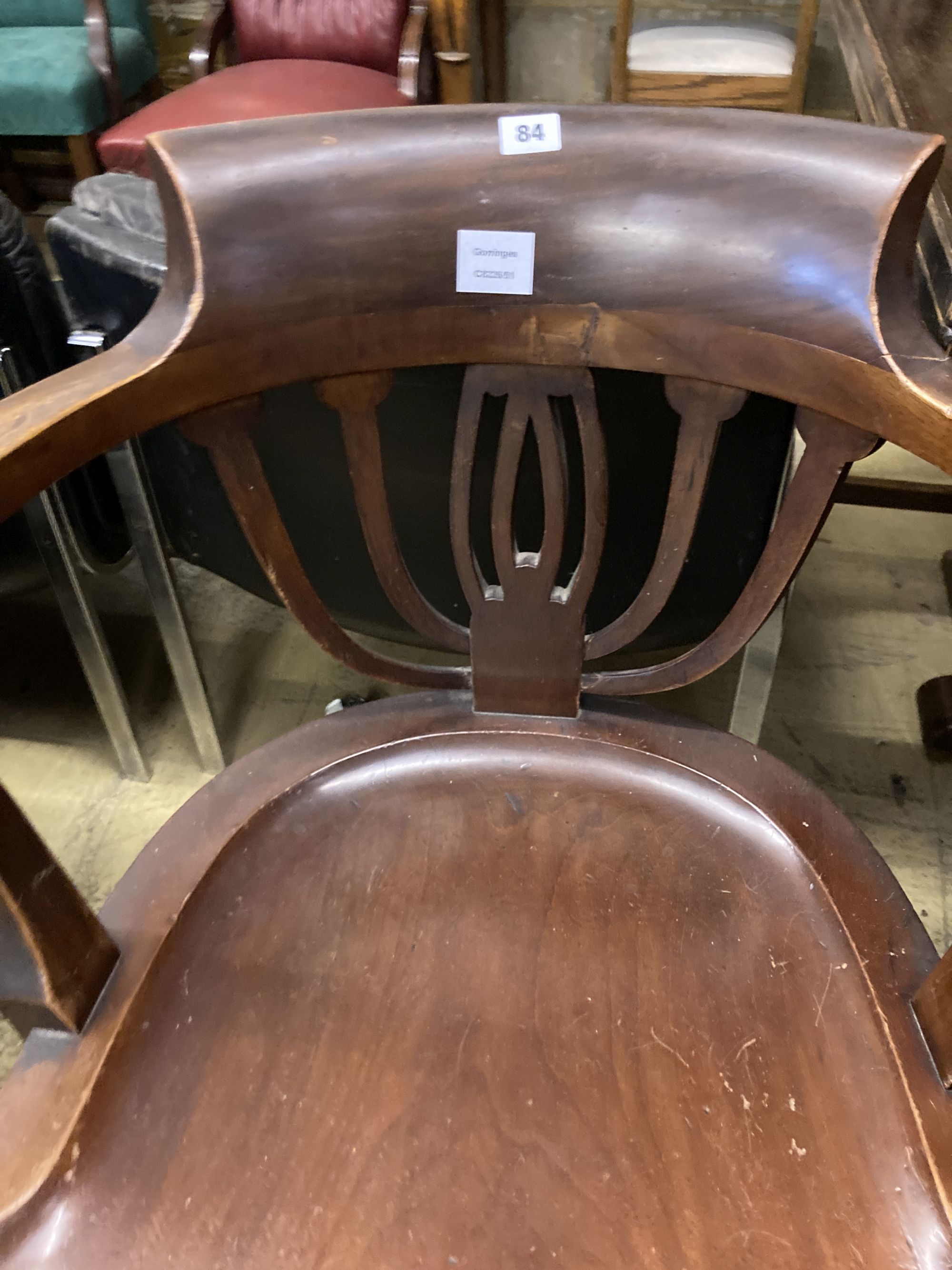 A Victorian mahogany swivel desk chair, width 60cm, depth 50cm, height 82cm